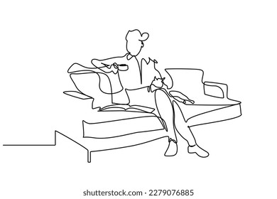 young woman reading magazine on sofa at home drinking coffee loves her cat lifestyle line art