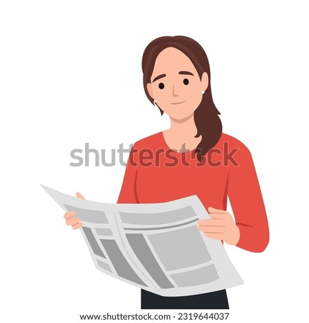 Young woman reading newspaper. Flat vector illustration isolated on white background 