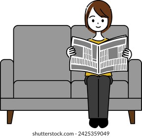 Young woman reading newspaper on sofa and smiling