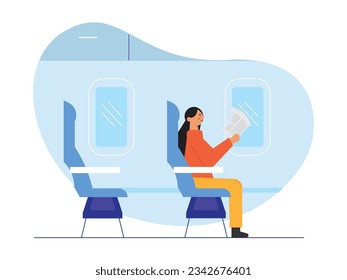 Young woman reading newspaper sitting on seat, boarding airplane for vacation business trip. Character design. Vector flat illustration