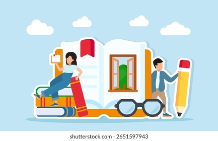 Young woman reading on a stack of books while a young man holds a pencil near glasses and an open book with a window ornament illustration of gaining insight to write a book