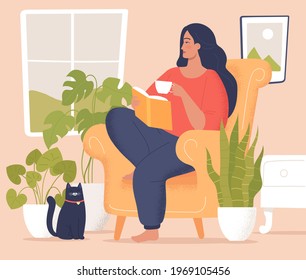 A young woman reading some book at home. Colorful vector illustration