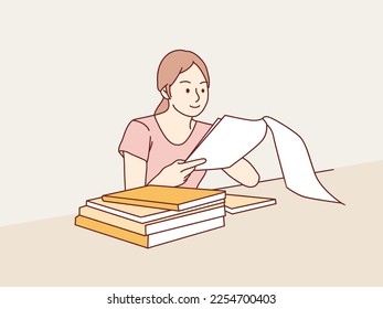 Young woman reading and study textbook pile of books side him simple korean style illustration