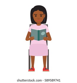 Young woman reading textbook. African american male student seating on chair with open book in hands flat vector isolated on white. Enthusiastic reader illustration for educational and hobby concepts