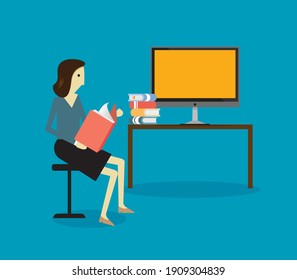 Young woman reading and working. Vector design