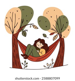  A young woman reads a book in a hammock. A cozy and tranquil outdoor scene celebrating relaxation and nature.