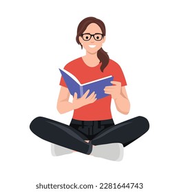 Young woman reads a book, legs crossed. Leisure and education concept. The concept of a book festival, fair, reading. Flat vector illustration isolated on white background