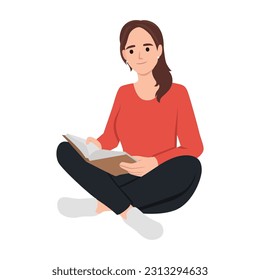 Young woman reads a book, legs crossed. Leisure and education concept. The concept of a book festival, fair, reading. Flat vector illustration isolated on white background