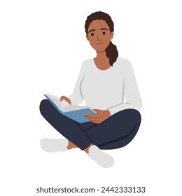 Young woman reads a book, legs crossed. Flat vector illustration isolated on white background