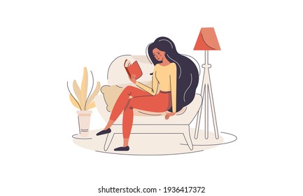 Young woman reads a book on couch at cosy home. The girl sitting on the sofa, reading a book and resting. Female daily lifestyle vector illustration. Character in modern flat art style for your design