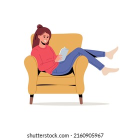 Young woman reads a book on armchair at cosy home. The girl sitting on the sofa, reading a book and resting. Female daily lifestyle vector illustration. Character in trendy style