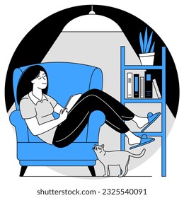 Young woman reads a book on couch at cosy home. The girl sitting on the sofa, reading a book and resting. Flat design vector concept of reading and education with modern gadgets.