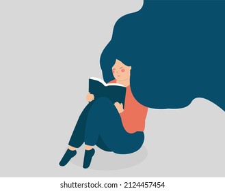 Young woman reads a book and sits on the floor. Happy girl keeps her agenda and takes notes. Jomo, joy of missing out, book therapy session, mental health, inner peace concept. Vector illustration