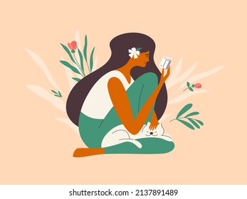 Young woman reads book stroking cat. Beautiful girl with flower in hair sitting outdoor enjoying reading. Relax time, leisure, self care, rest. Female character relaxing in nature vector illustration