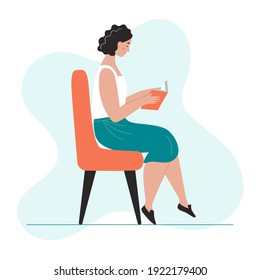 Young woman reads a book while sitting in an armchair at home. The concept of love for books and reading, learning, exam preparation. Flat vector character.