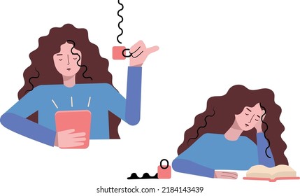 a young woman reads an e-book tablet reader and drinks coffee. a girl reads a paper book. A female character captured by a book spills a coffee. flat vector illustration set. studying and learning 