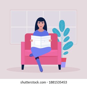 A young woman reads the news in the newspaper. Vector illustration in a flat style.