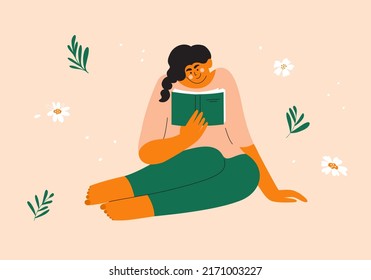 Young woman reads outdoor. Female character relaxing in nature with book in hand. Girl sitting on flower pink lawn reading poetry or story. Leisure, self care, rest. Book club art vector illustration