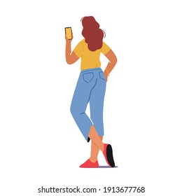 Young Woman Rear View Writing Sms in Mobile Phone, Communicating in Social Media Networks, Watching Video or Reading Newsfeed, Female Character Chatting or Dating on Site. Cartoon Vector Illustration