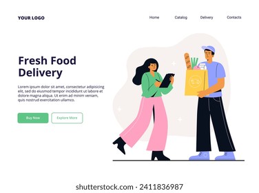 A young woman receives a grocery delivery from a courier. Easy and fast food delivery concept. Vector flat illustration for web banner, and landing page.