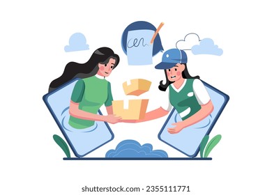 A young woman receiving parcel from delivery service courier through smart phone screen
