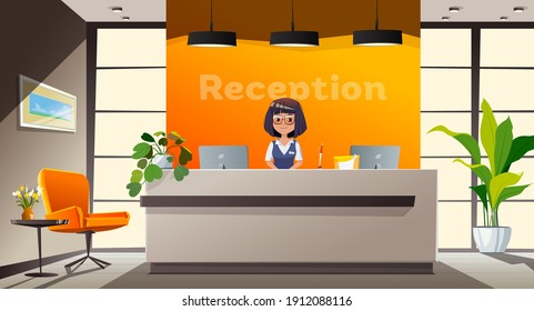Young woman, reception desk. Interior design office