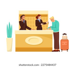 Young Woman Receptionist Serving Man Client Giving Him Key Vector Illustration