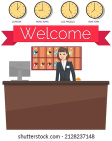 Young Woman Receptionist Stands At Reception Desk. Travel, Hospitality, Hotel Booking Concept. Female Hotel Employee Greets Guests And Gives Room Keys. Interior Design And Furniture At Reception