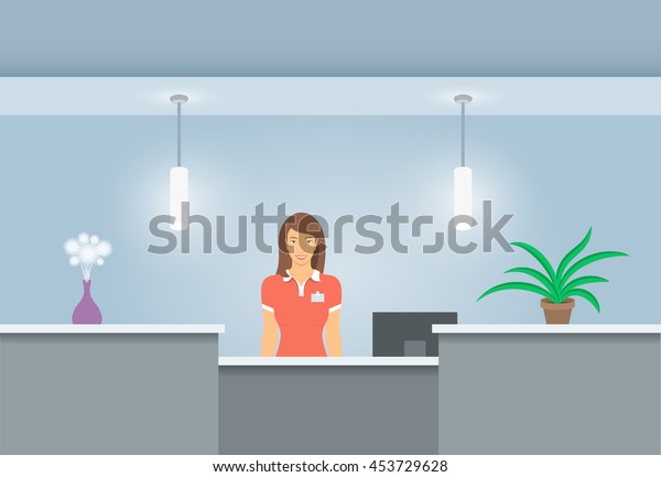 Young Woman Receptionist Stands Reception Desk Stock Vector Royalty Free 453729628 Shutterstock 4431