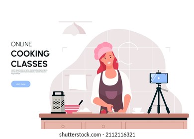 Young woman recording cooking vlog in kitchen. Beautiful chef woman preparing food at home. Online cooking classes concept. Vector illustration.