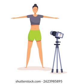 Young woman is recording online fitness training program with camera on tripod