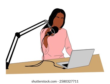 Young woman recording podcast, radio broadcast. Online audio streaming from studio. Outline hand drawn colored vector illustration isolated on white background