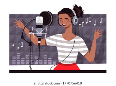 Young woman recording a soundtrack in a studio singing in front of a microphone with music notes, colored vector illustration