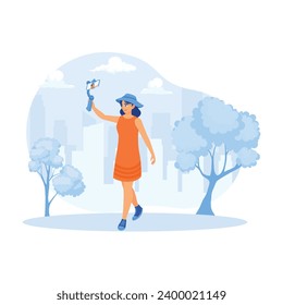 A young woman is recording a video on a selfie stick using a cell phone camera. A female vlogger walks on a suburban street. Content Creator concept. Trend Modern vector flat illustration