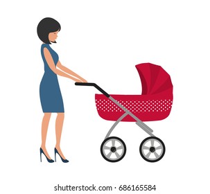 Young woman with a red baby stroller. Vector illustration.