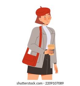 Young Woman in Red Beret and Handbag Walking with Paper Coffee Cup Vector Illustration