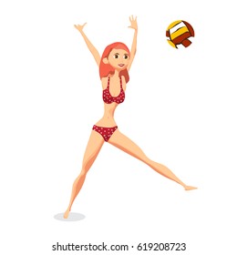 Young woman in red bikini playing volleyball at beach. Girl beats the ball in the game. Flat isolated vector illustration