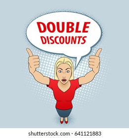 Young Woman in Red Blouse Making Thumbs up Sign with Both Hands. Double Discounts