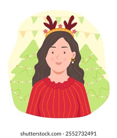 Young Woman in Red Christmas Costume with Deer Horns Headband for Celebrate Christmas Day Concept Illustration