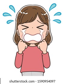 Young woman in red clothes.She is crying.