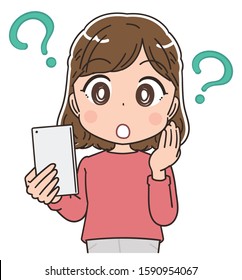 Young woman in red clothes.She uses a smartphone.She has doubts.