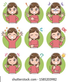 Young woman in red clothes.A collection of her various expressions.