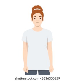 Young woman with red curly hair tied up in a bun, wearing a white tshirt and dark pants. Flat vector illustration isolated on white background