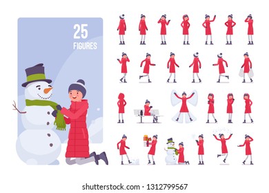 Young woman in a red down jacket, wearing winter warm clothes, classic snow boots and a hat, cold season and outdoor activity character set. Full length, different views, gestures, emotions and poses