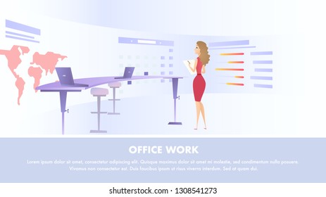 Young Woman in Red Dress with Notepad in Hand Watching at Huge Semicircular Screen with World Map Standing Near Desk with Computer. Horizontal Office Work Banner, Copy Space. Flat Vector Illustration