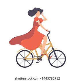 Young Woman in Red Dress Riding Bicycle, Cycling Girl Relaxing or Going to Work Vector Illustration