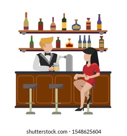 A young woman in a red dress sits on a high bar stool Girl waits for an order for a glass of beer. The bartender pours alcohol into a mug. Interior of the bar cafe pub.Isolated in white background.