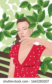 Young woman in red dress sitting on a bench and enjoying greenery. Vector