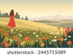 Young woman in a red dress walks through a flower field with green grass against the backdrop of meadows and a forest landscape. Vector illustration for print and design.
