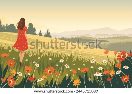 Young woman in a red dress walks through a flower field with green grass against the backdrop of meadows and a forest landscape. Vector illustration for print and design.